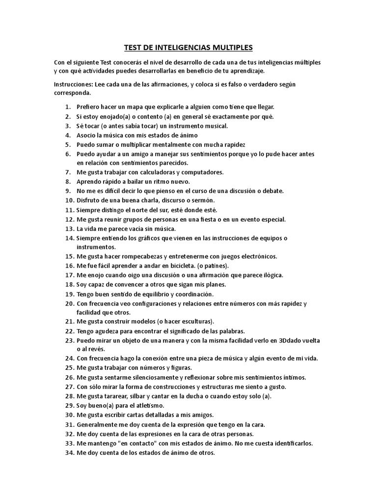 Test de Inteligencias Múltiples para Adolescentes | PDF | Ciencia ...