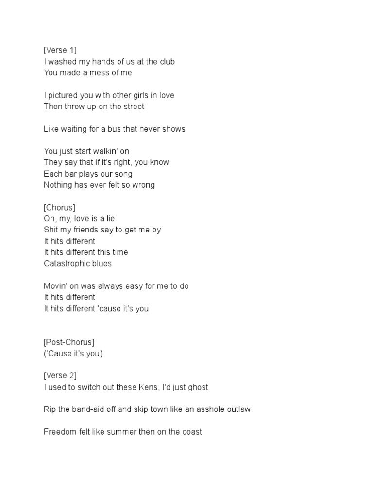 Taylor Swift Hits Different Lyrics PDF