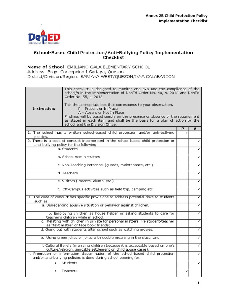 Sip annex 2b child protection policy implementation checklist pdf