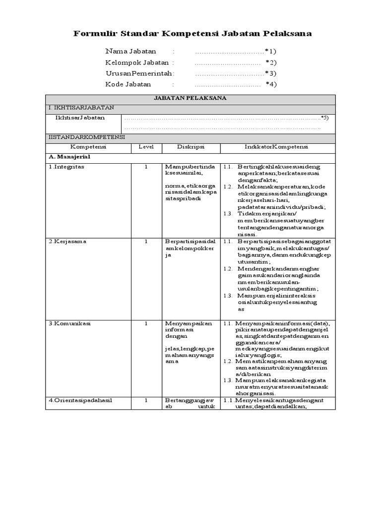 Formulir standar kompetensi jabatan pelaksana pdf