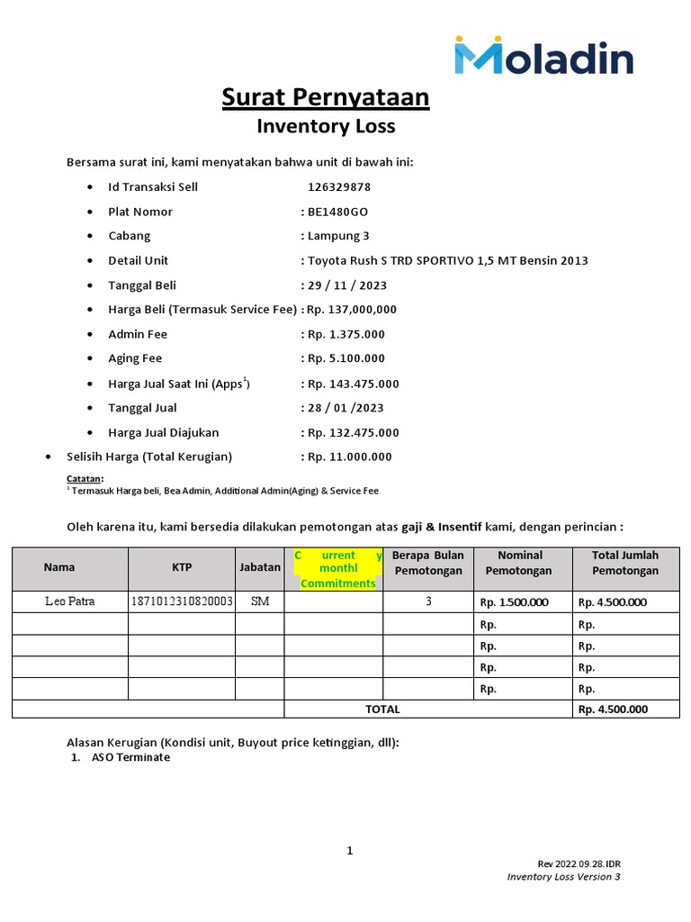Surat Pernyataan Inventory Loss | PDF