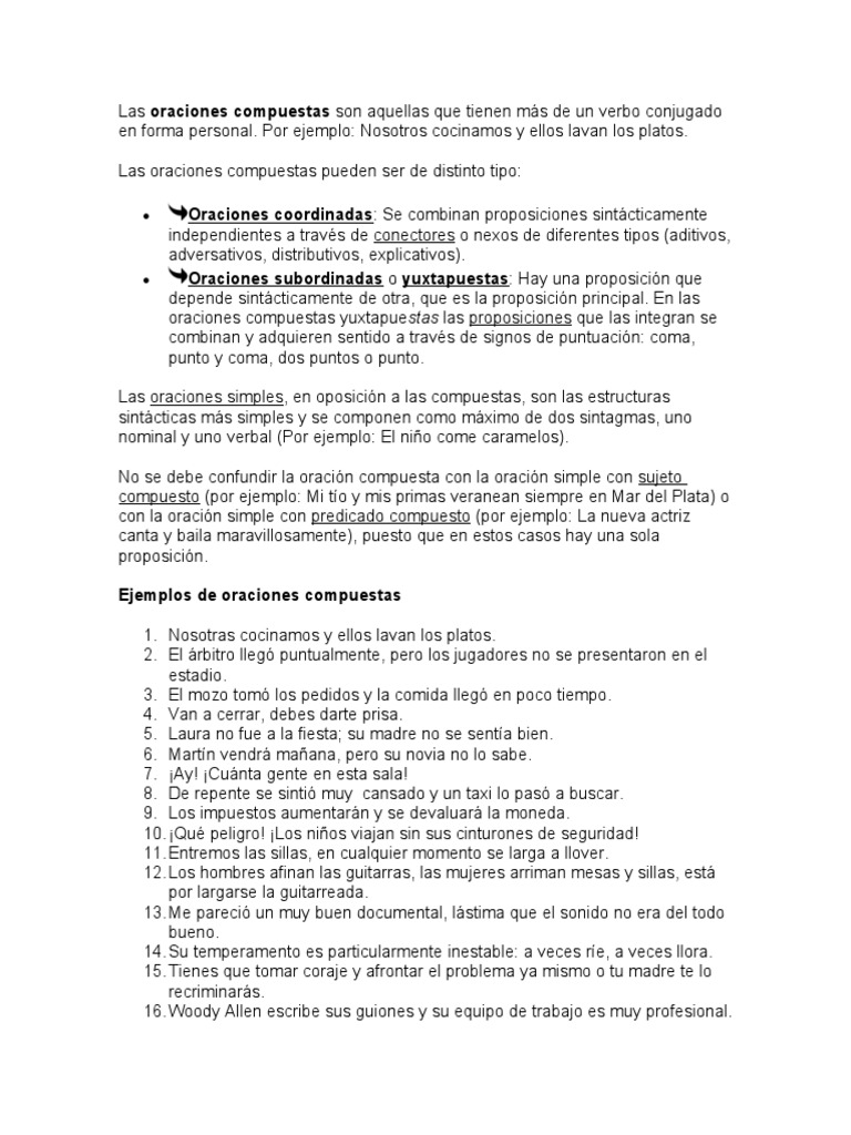 Ejemplos de Oraciones Compuestas | PDF | Oración (Lingüística ...