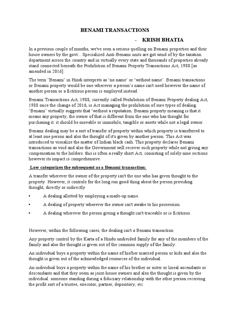 Examining the prohibition of benami property transactions act defining