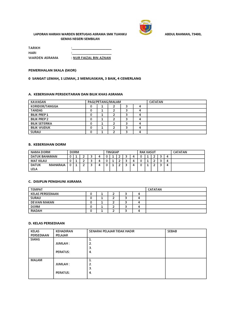 Laporan Harian Warden Bertugas Aspura Smk Tuanku Abdul Rahman Pdf
