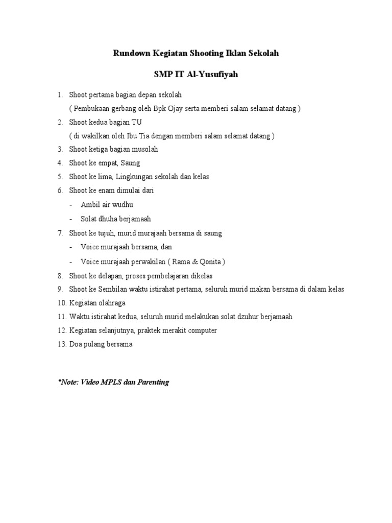 Rundown Shooting Iklan Sekolah SMP IT Al-Yusufiyah | PDF | Kesehatan ...