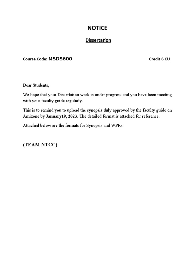 Dissertation Synopsis and WPR Guidelines | PDF
