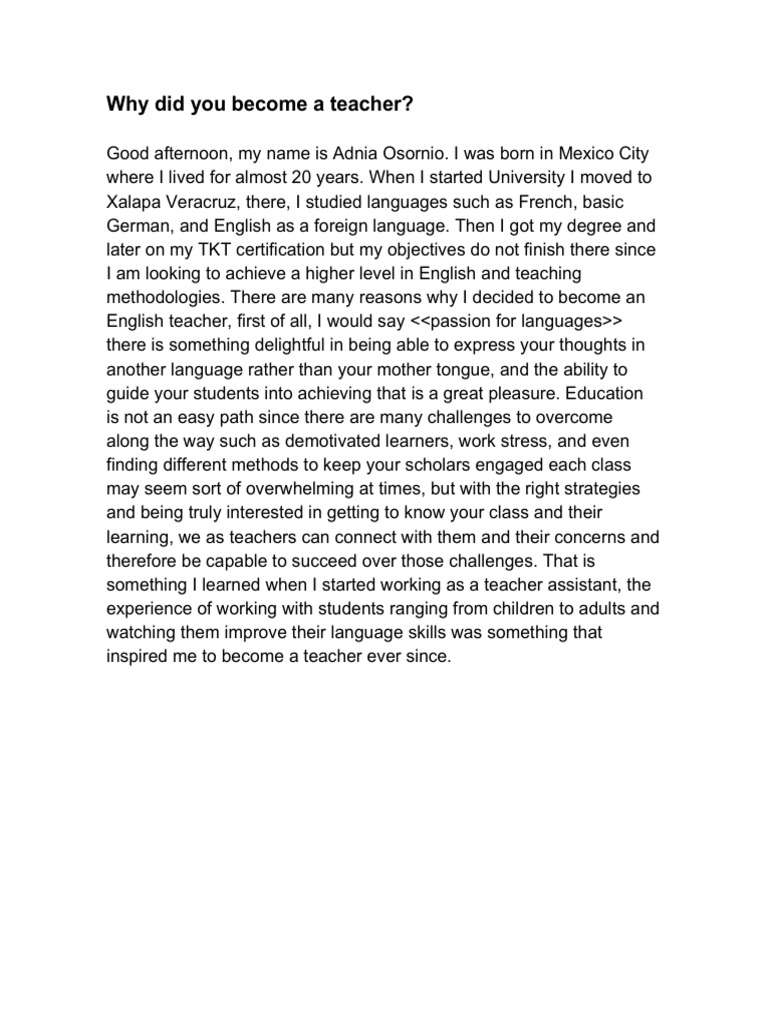 Essay - Why Did You Become A Teacher? | PDF