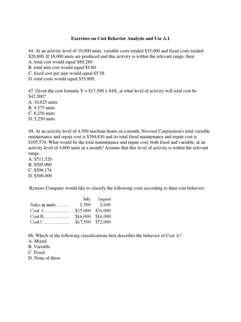 Exercises On Cost Behavior Analysis and Use PDF Business Economies