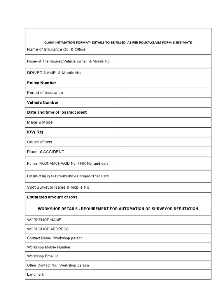 Format For Claim Intimation PDF