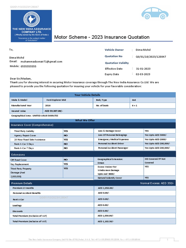 Motor Insurance Quotation for Dima Mohd | PDF | Insurance | Vehicle ...