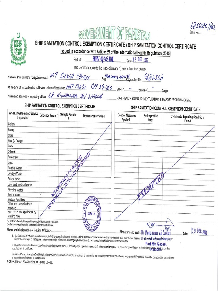 Ship Sanitation Control Examp Cert 09.12.2022 PDF Freight Transport