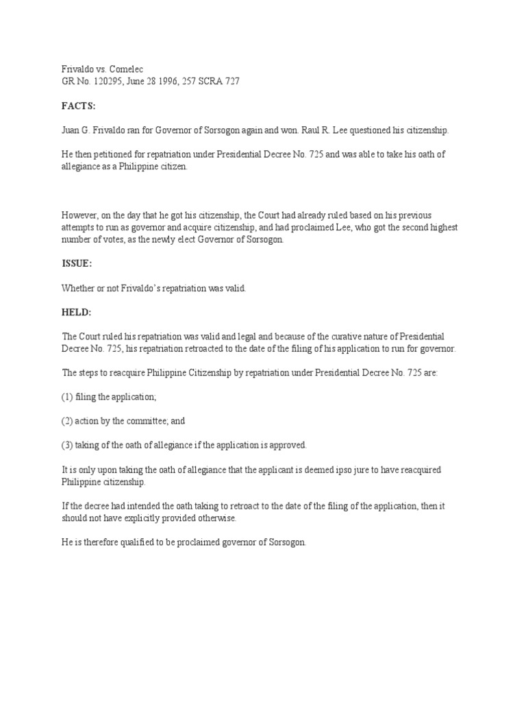 Nd frivaldo v comelec g r no 120295 june 28 1996 pdf