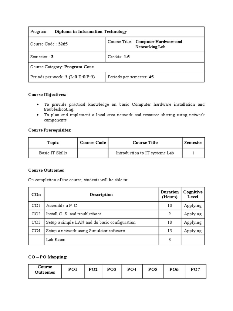IT Diploma Computer Hardware & Networking Lab (3265 PDF Computer Network Local Area Network