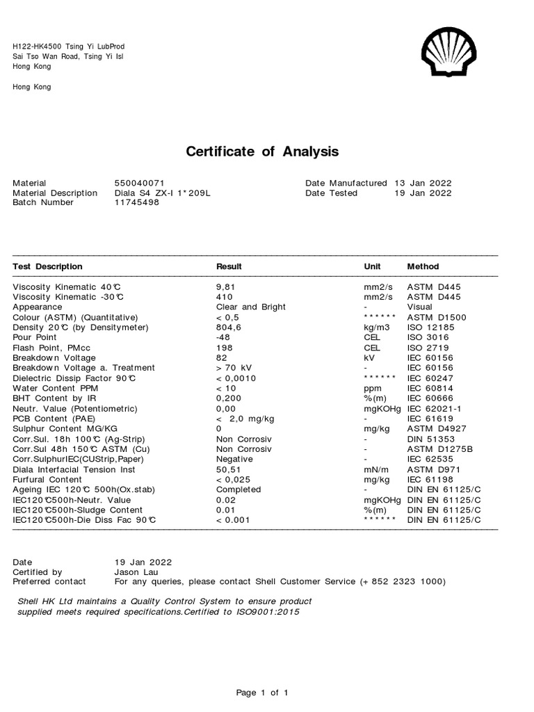 Certificate of Analysis Diala S4 ZX I PDF Electromagnetism Electricity