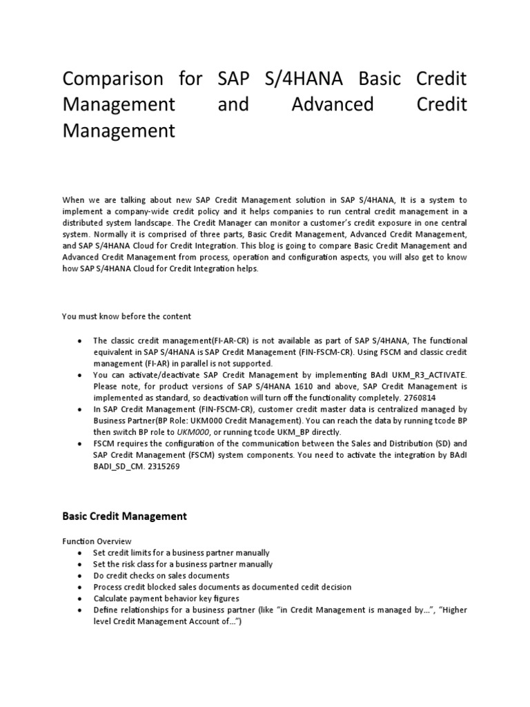 SAP S/4HANA Credit Management Comparison | PDF | Credit | Finance ...