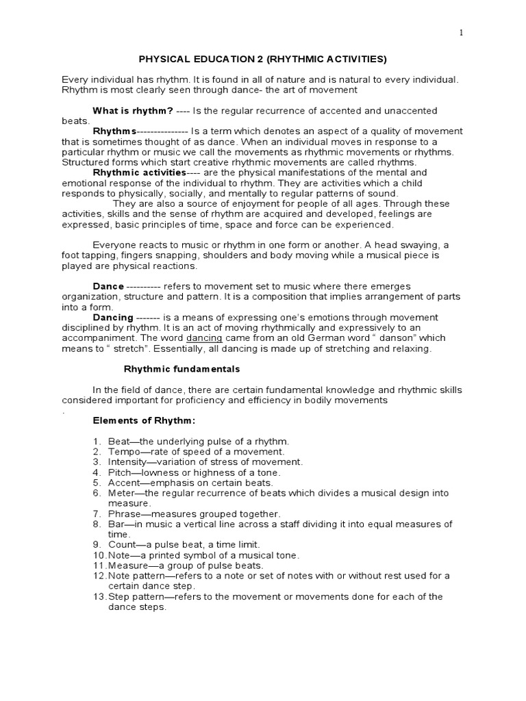 PE 2 Rhythmic Activities PDF Rhythm Dances