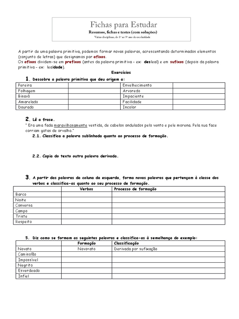 Formação de Palavras com Afixos: Exercícios | PDF
