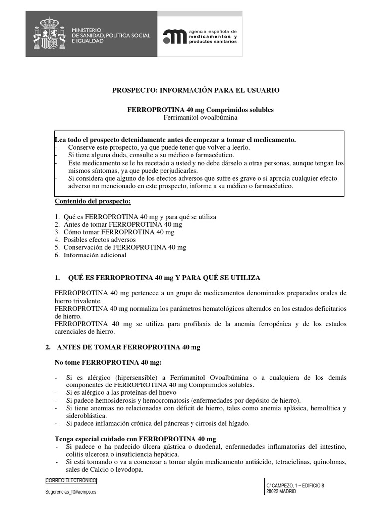 Uso y dosificación de Ferroprotina 40 mg | PDF