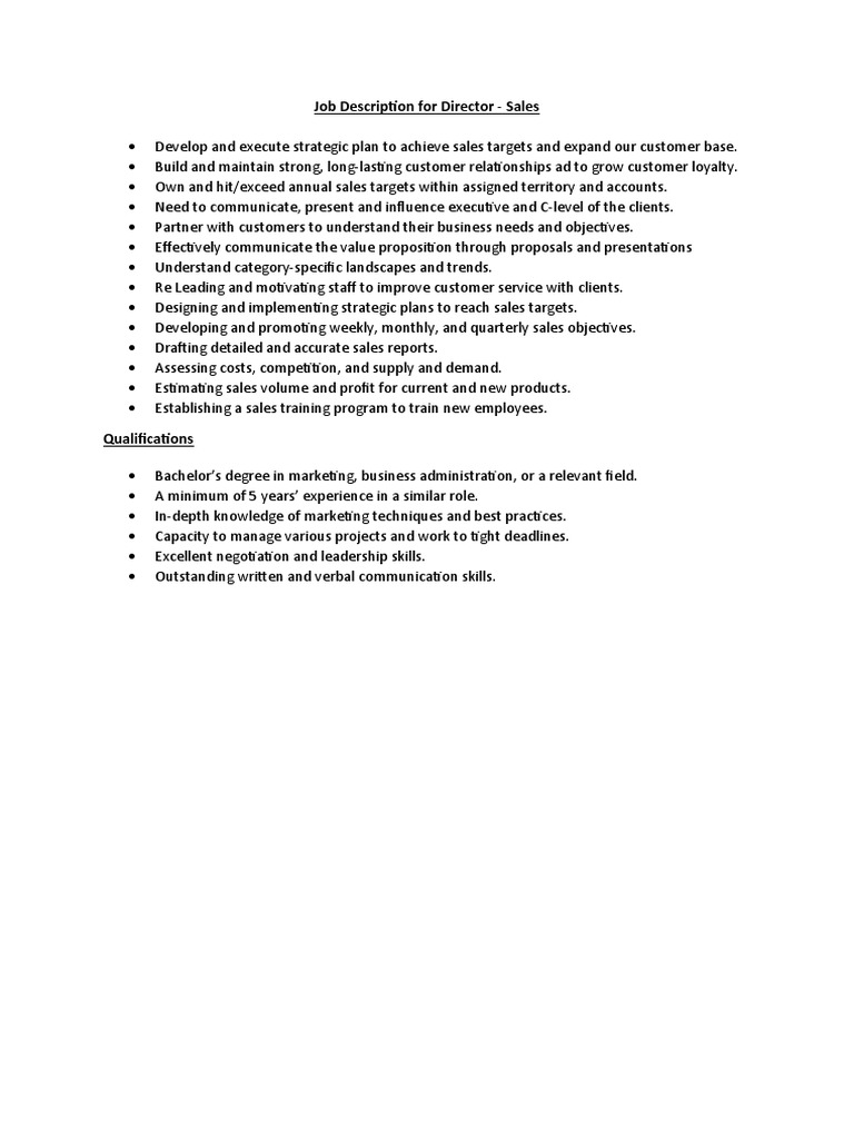 Director of Sales Job Description | PDF | Career & Growth