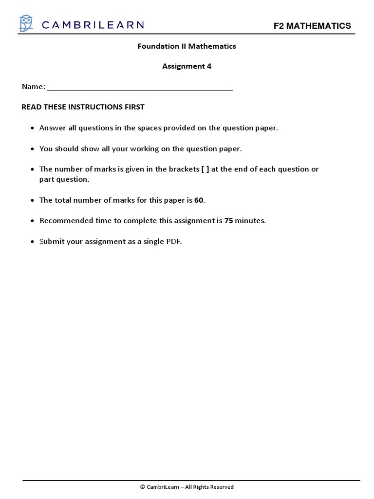 F2 Mathematics Foundation Ii Mathematics Assignment 4: © Cambrilearn ...