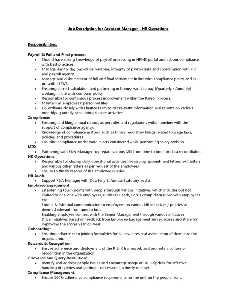 Assistant Manager - HR Operations Role | PDF | Payroll | Regulatory ...
