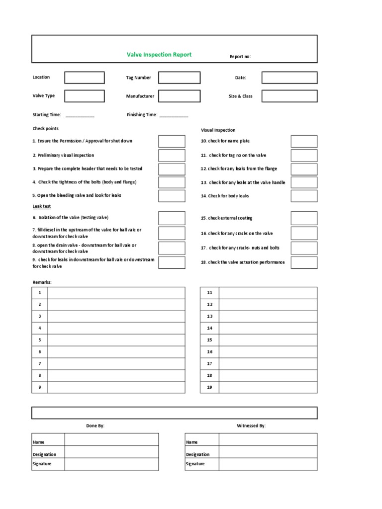 Valve Inspection Report Checklist | PDF | Valve | Machines