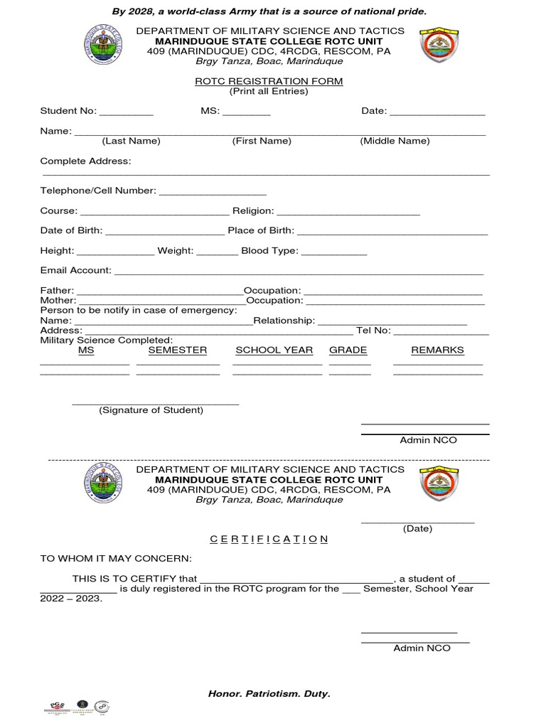 ROTC Registration Form for Marinduque State College | PDF