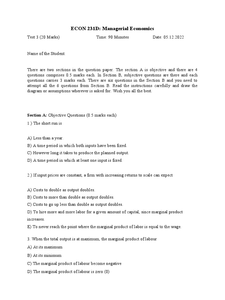 Test 3 PDF Labour Economics Production Function