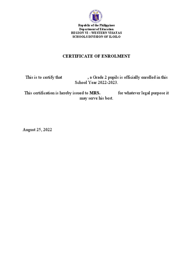 Certificate of enrolment sample pdf