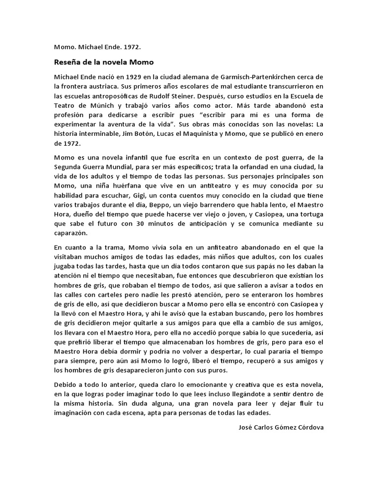 Reseña de la novela Momo de Michael Ende | PDF | Poesía | Ficción general