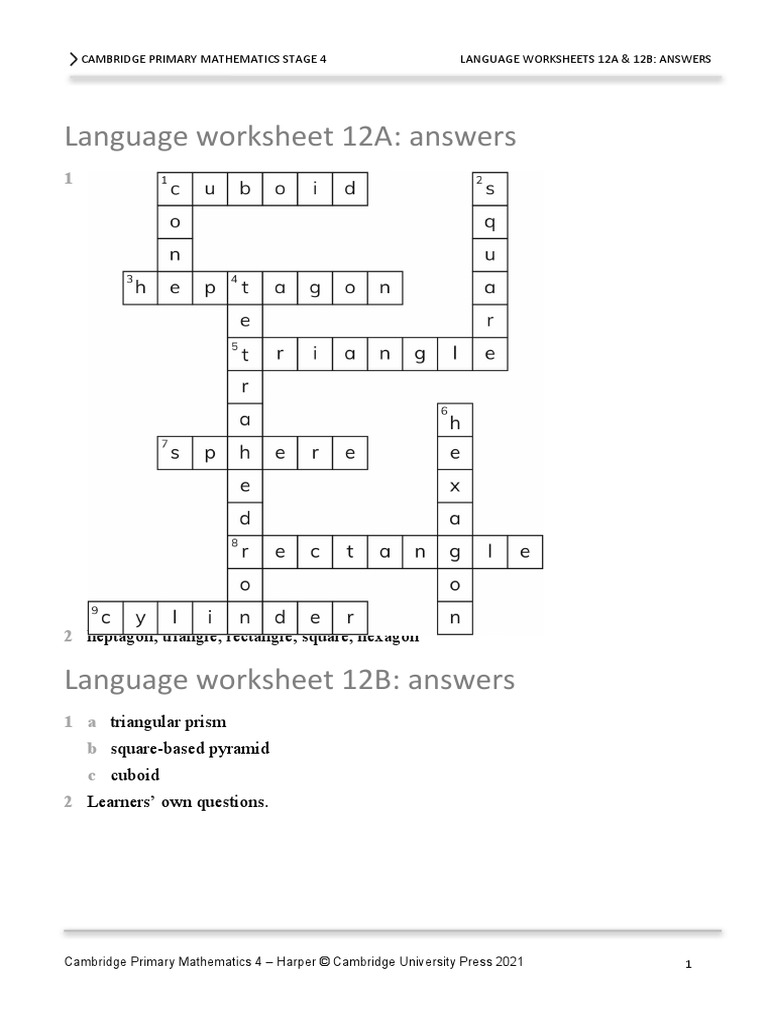 Prim Maths 4 2ed TR Lang Ws Answers 12 | PDF