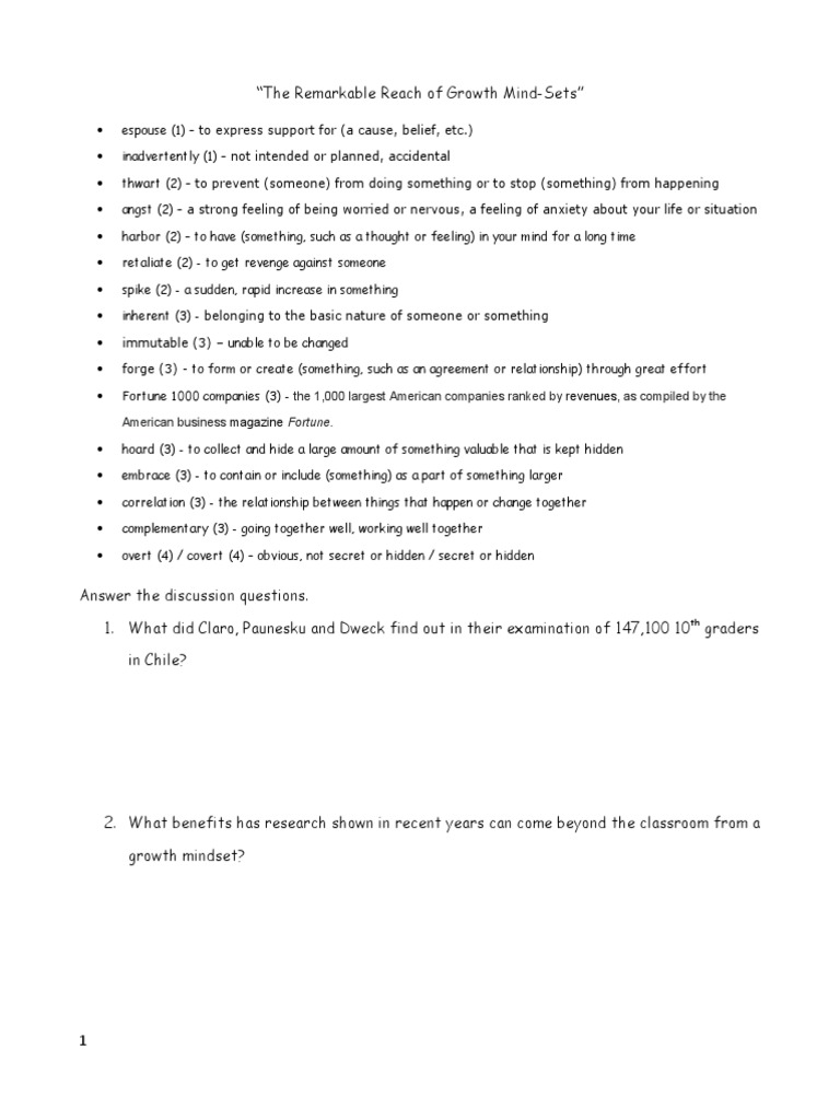 The Remarkable Reach of Growth Mind Discussion Questions PDF Mindset Behavioural Sciences