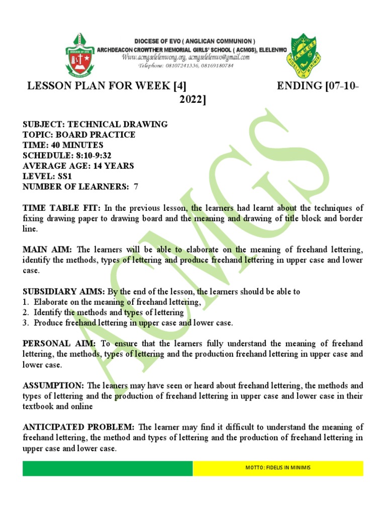 Ss1 Technical Drawing Lesson Plan Week 4 PDF Drawing Technical