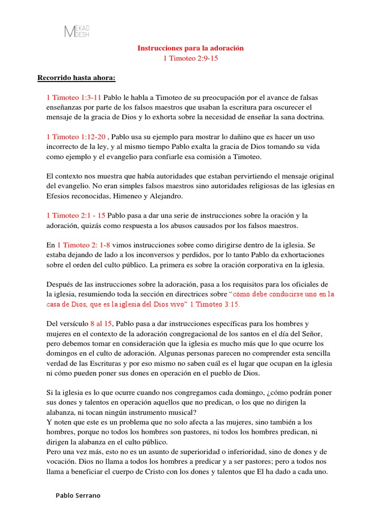 Instrucciones Para La Adoración 1 Timoteo 2 9 Al 15 Pdf Víspera Adán