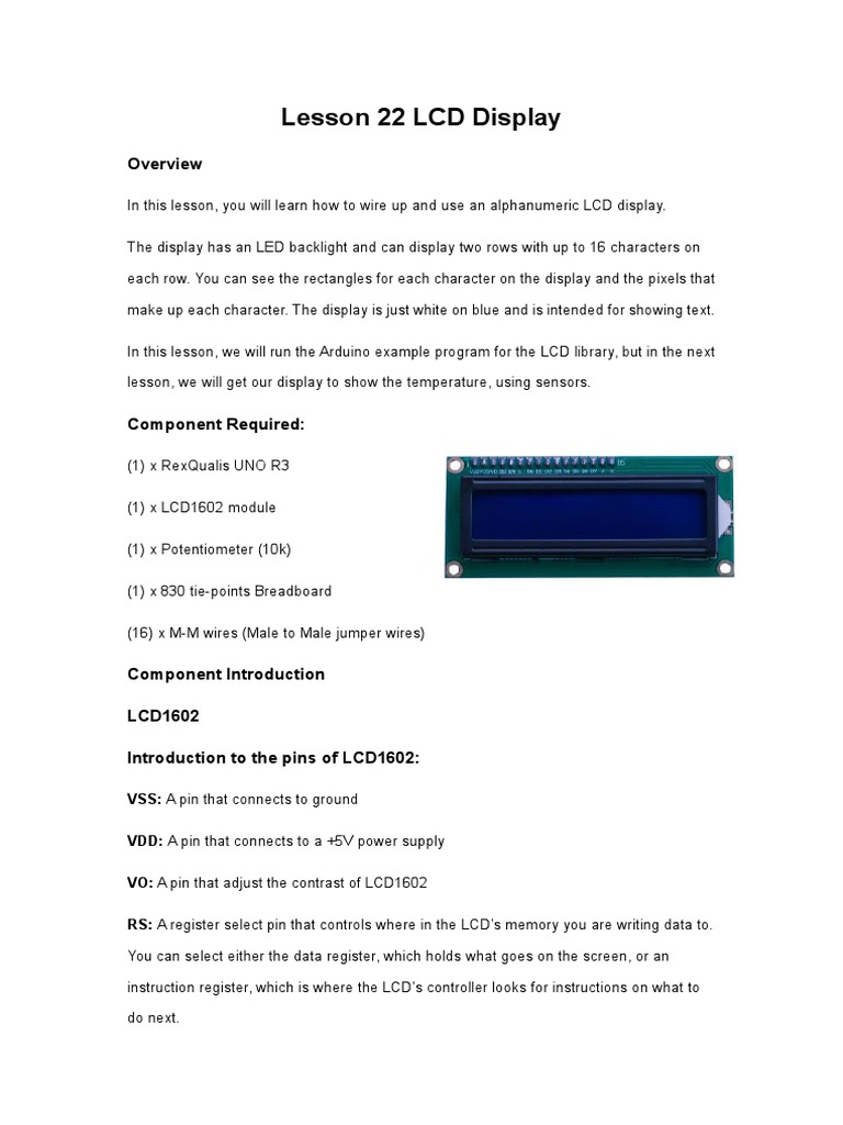 Lesson 22 LCD Display PDF Liquid Crystal Display Arduino