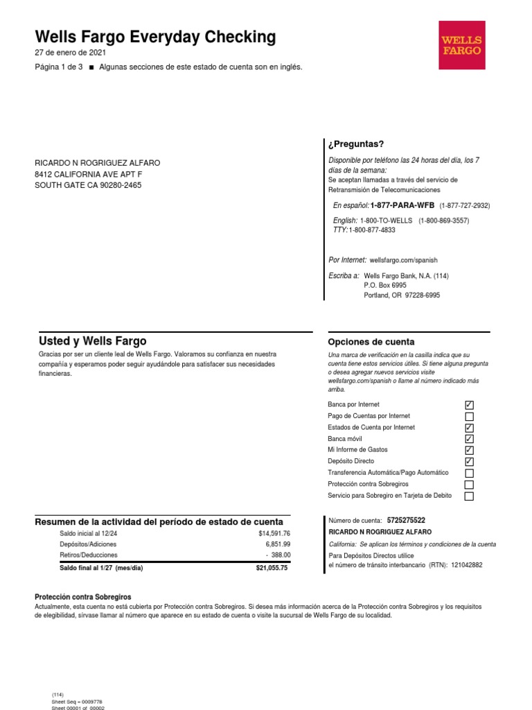 Wells Fargo Everyday Checking PDF Pagos Servicios financieros