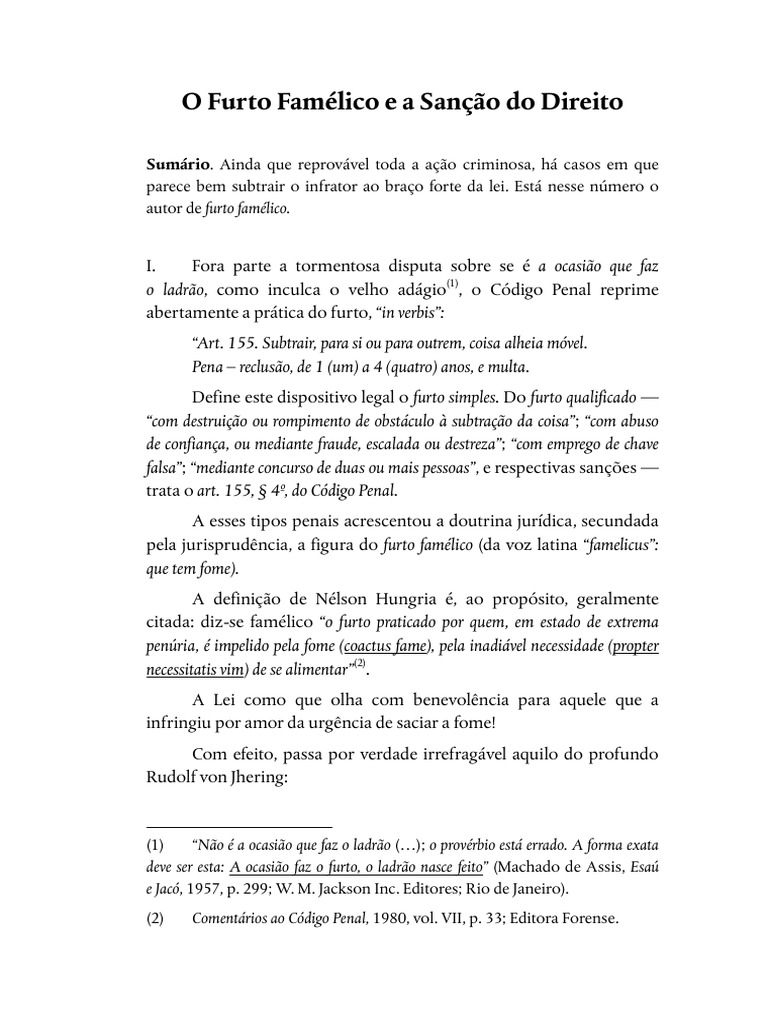 O Furto Famélico e A Sanção Do Direito | PDF | Roubo | Direito Penal