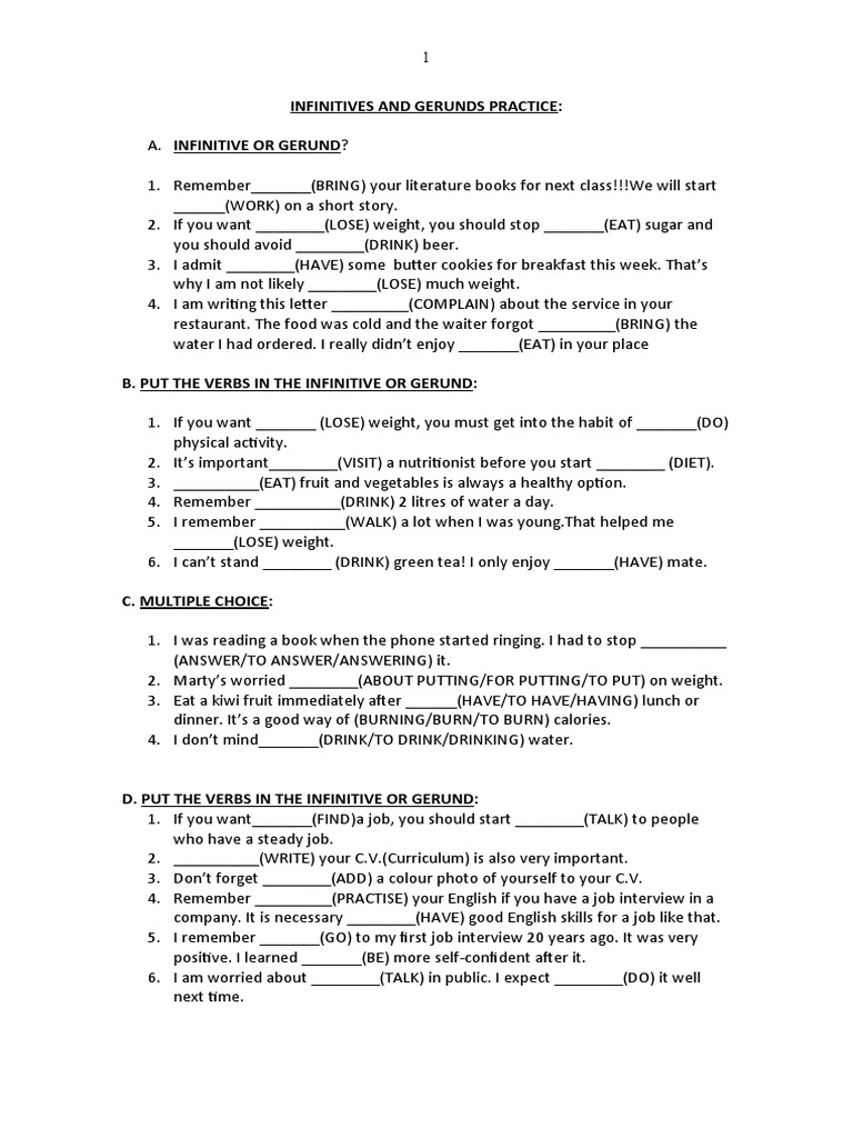 Booklet On Infinitives and Gerunds Grammar Drills - 122439 | PDF ...