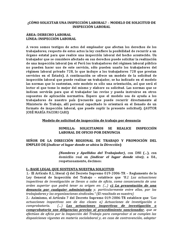 Modelo de solicitud de inspecci n laboral pdf derecho laboral