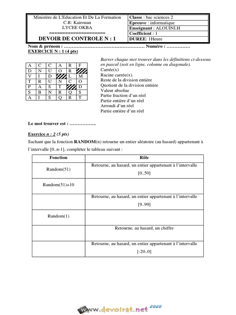 Devoir de contrôle informatique Bac Science | PDF | Concepts ...
