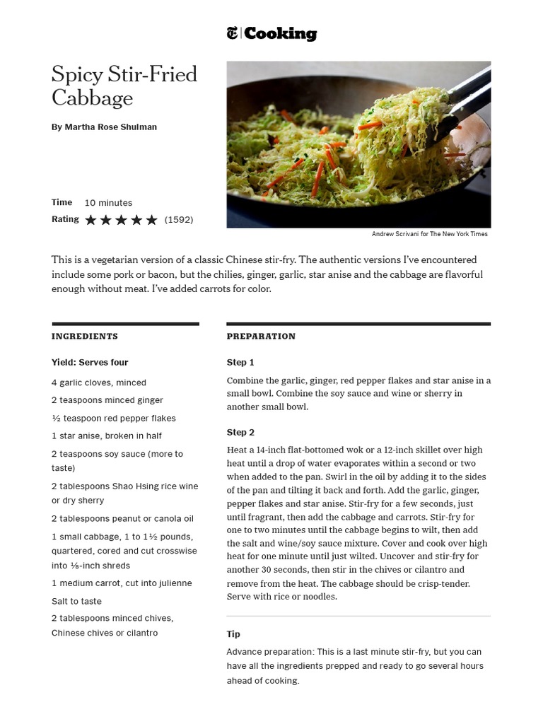 Spicy StirFried Cabbage Recipe NYT Cooking PDF Stir Frying Ginger