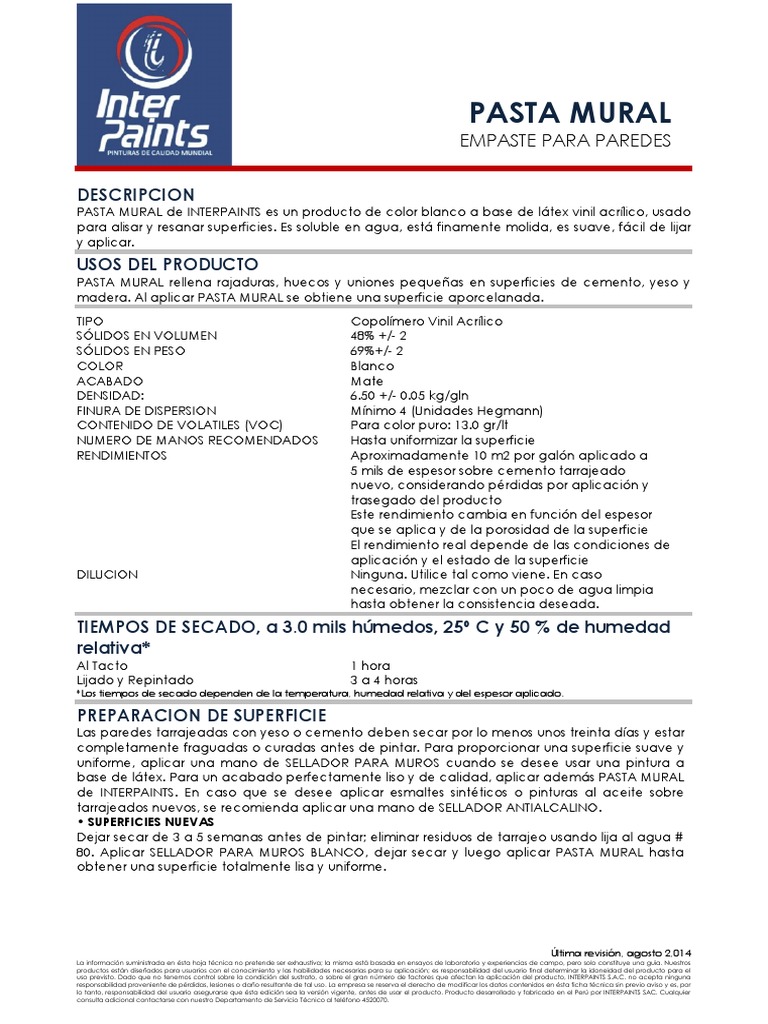 Ficha Tecnica Pasta Mural Interpaints PDF Cemento Pintura