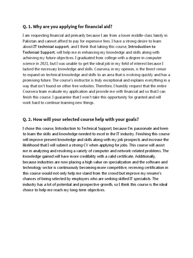Sample Answers For Coursera Financial Aid Questionnaire. | PDF