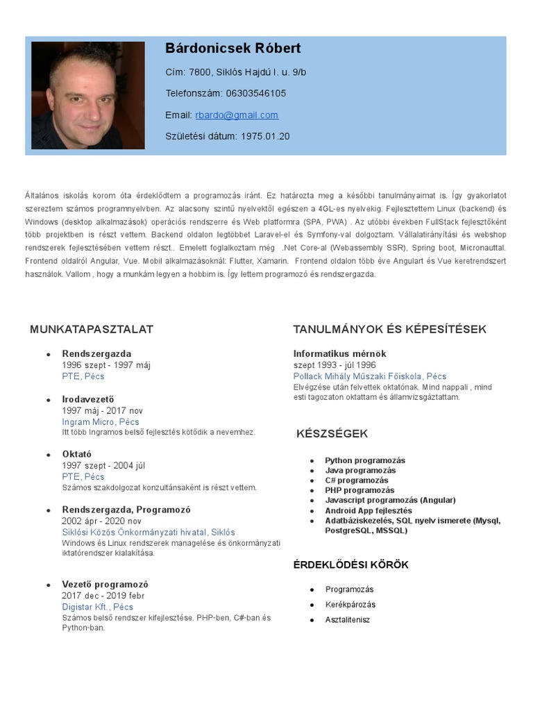 Önéletrajz - Programozó - PHP Programozó | PDF