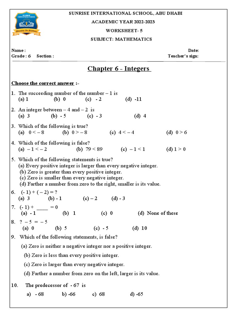 Sunrise International School Worksheet on Integers | PDF | Integer ...