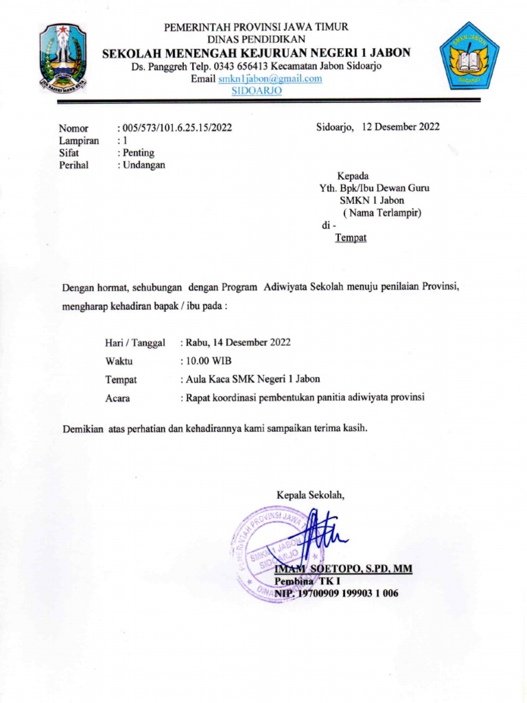 Undangan Rapat Adiwiyata | PDF