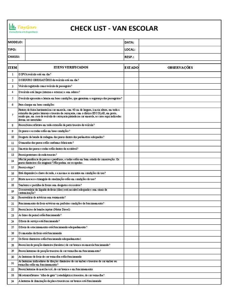 Checklist - Van Escolar | Descargar gratis PDF | Pneu | Cor