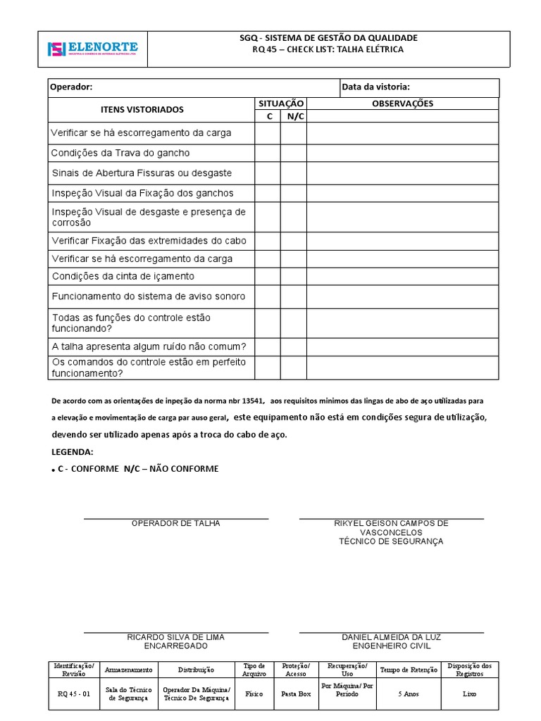 Check List Talha Elétrica RQ 45 | PDF | Eletricidade | Tempo