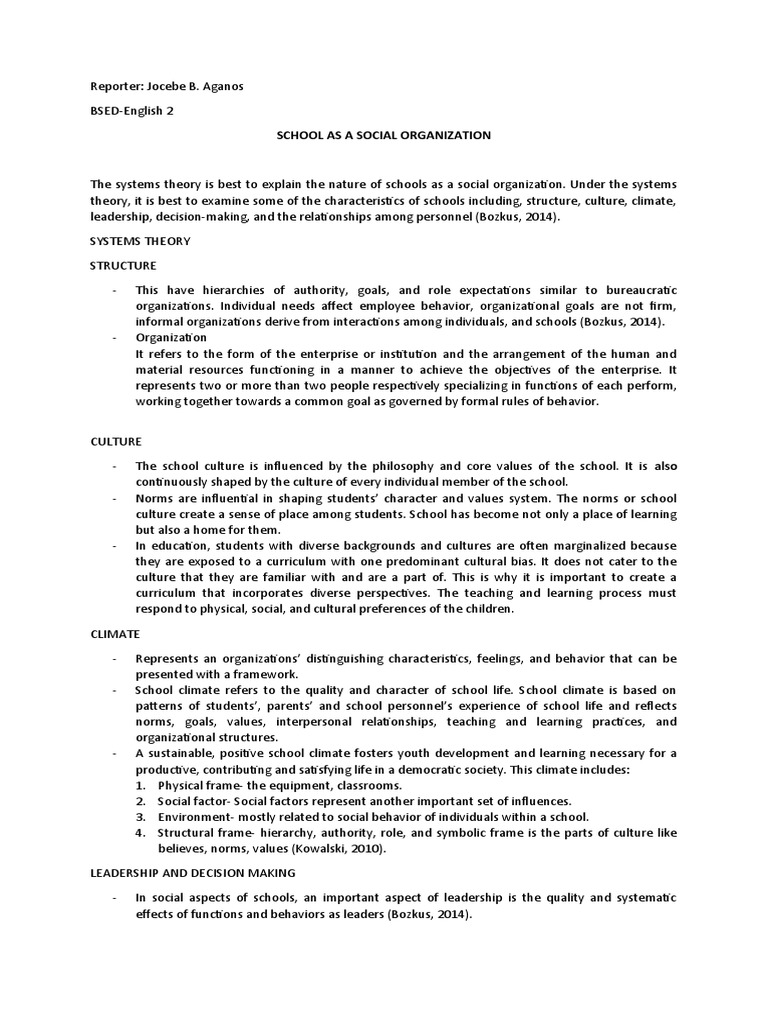 School As Social Org - English2 | PDF | Leadership | Psychological Concepts