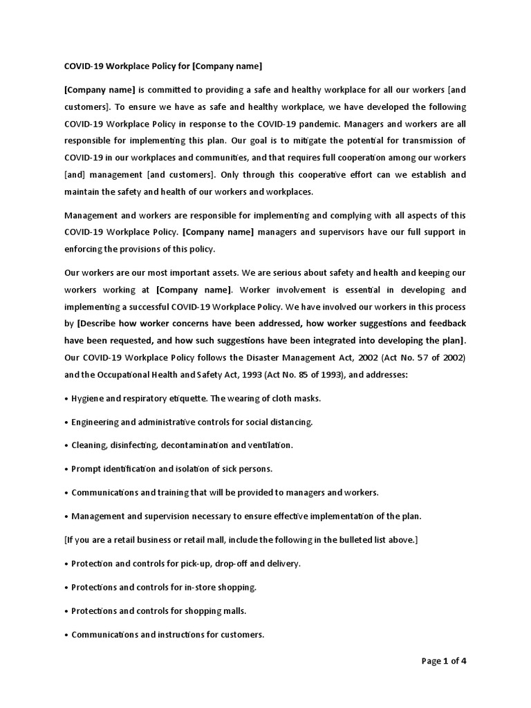 COVID-19 Workplace Policy Template | PDF | Occupational Safety And ...
